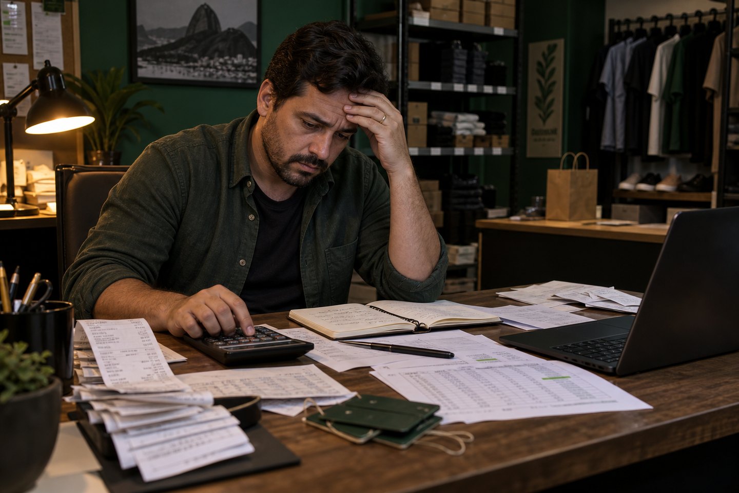 Empresário fazendo contas sozinho e preocupado com o preço que cobra